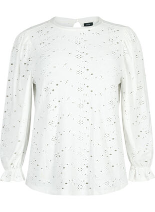 Long-sleeved blouse with hole pattern, Bright White, Packshot image number 0