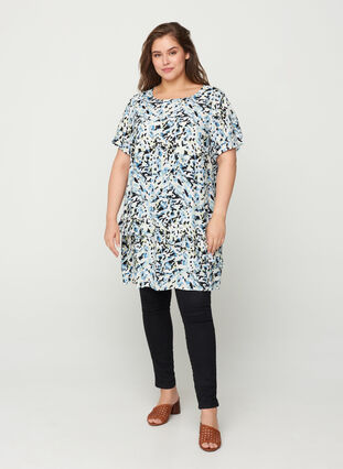 Printed viscose tunic with short sleeves, Brush Stroke AOP, Model image number 2