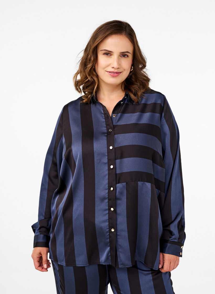 Satin shirt with stripes, Spellbound w. Black, Model image number 0