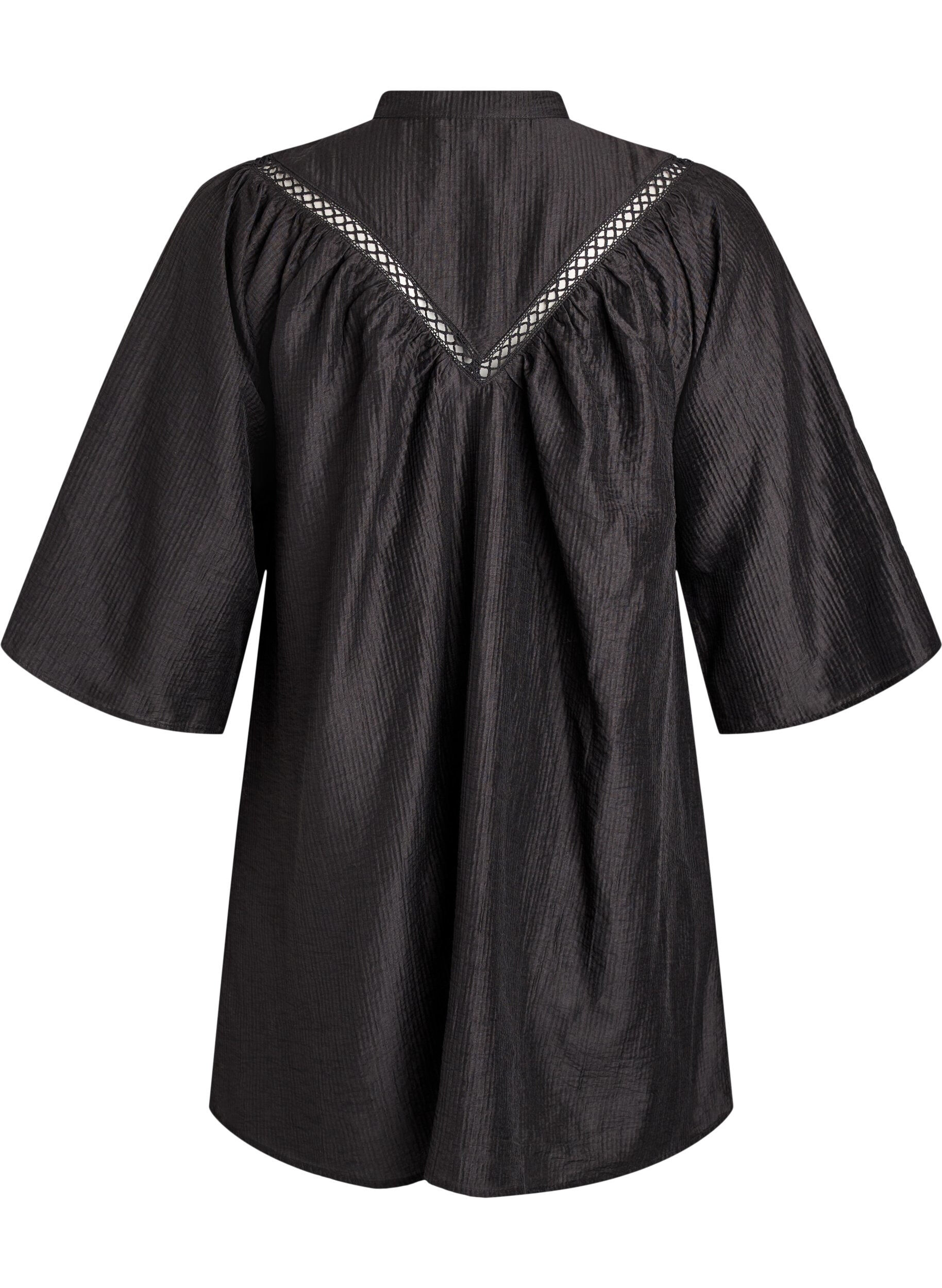 Zizzifashion Tunic with crochet trims and striped texture, Black, Packshot image number 1