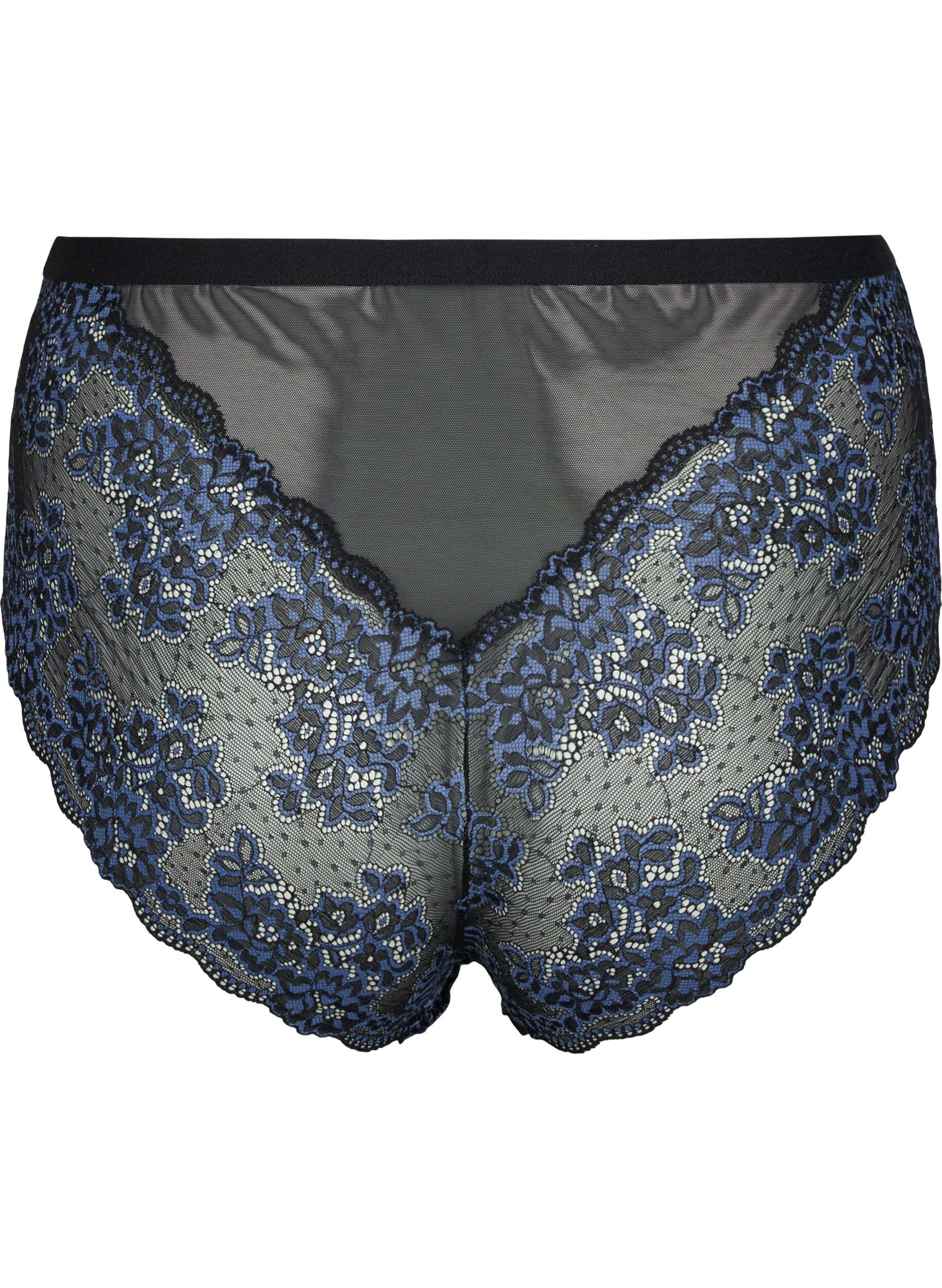 Zizzifashion Lace knickers with high waist, Black w. blue lace, Packshot image number 1