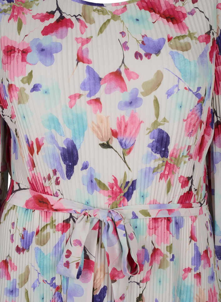 Printed pleated dress with waist tie, White/MultiFlowerAOP, Packshot image number 2
