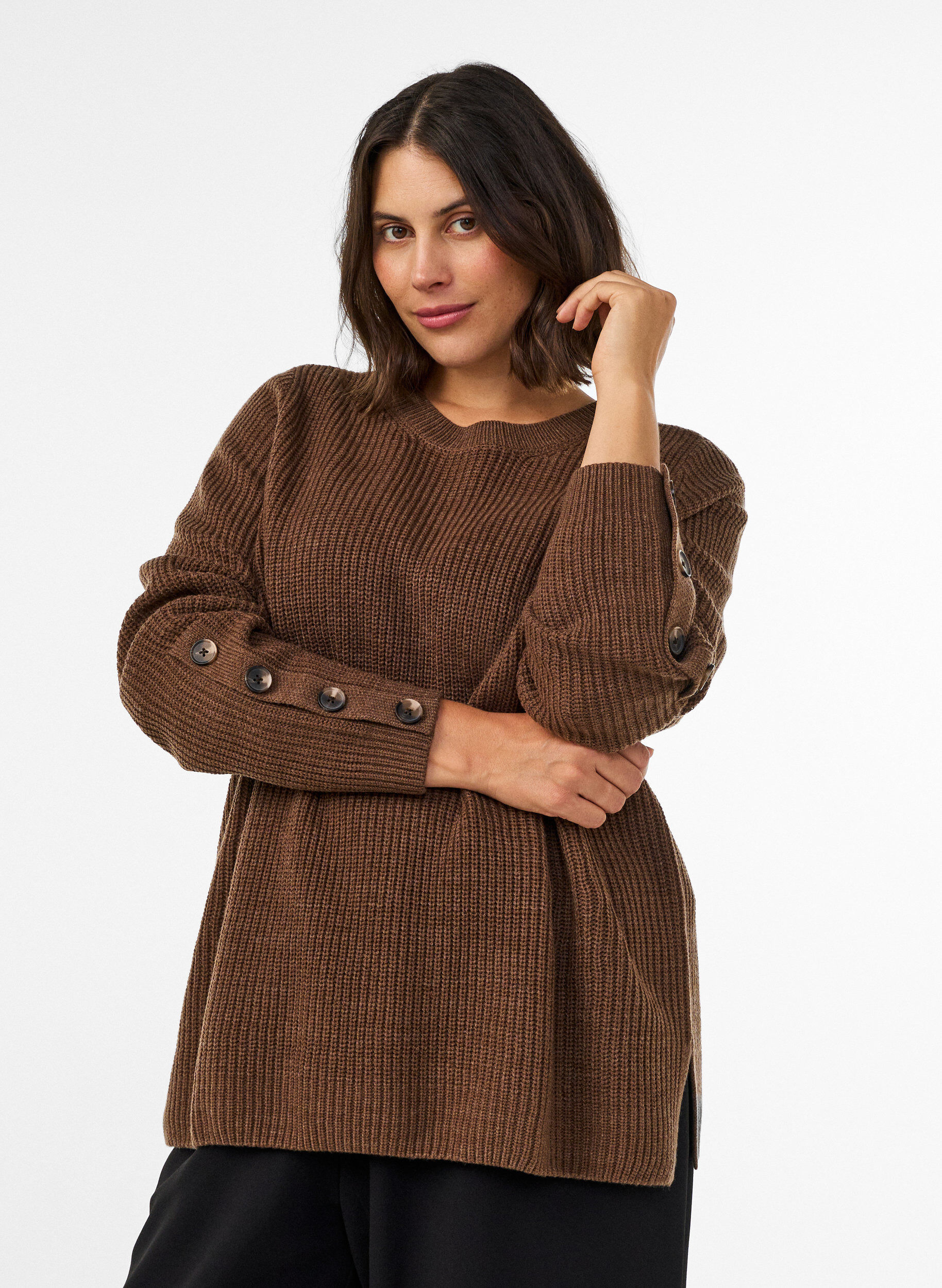 ZizzifashionKnitted blouse with ribbed texture and button details, Brown, Model image number 0