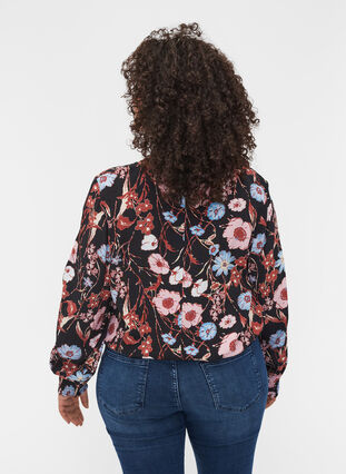 Floral viscose blouse with smock detail, Black Flower AOP, Model image number 0
