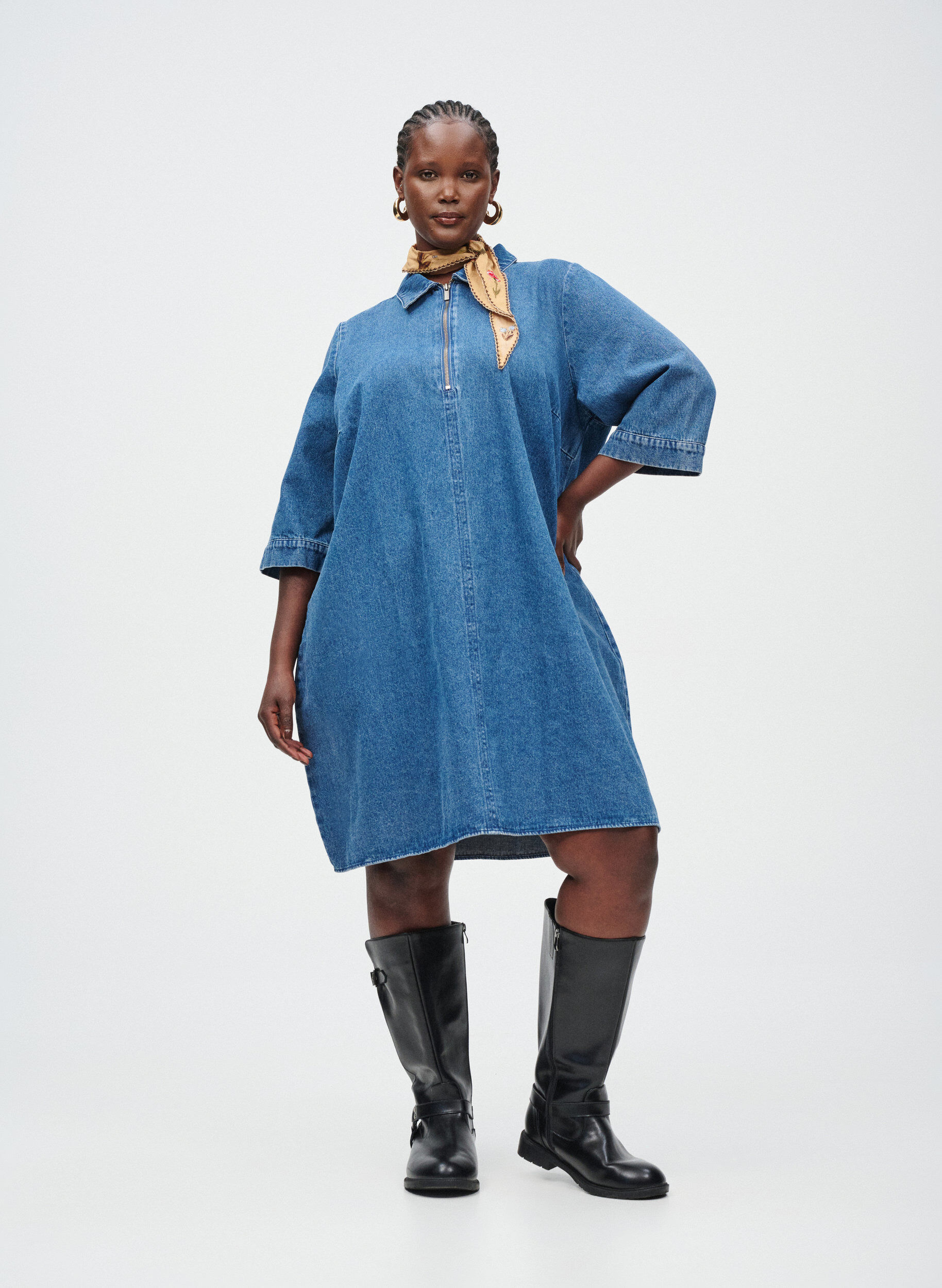 ZizzifashionShort denim dress with zipper and 3/4 sleeves, Blue, Image image number 0