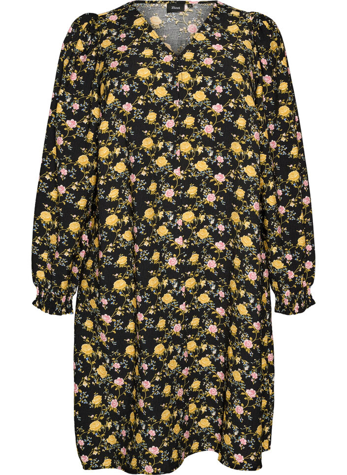 Patterned viscose dress with long sleeves, Black, Packshot image number 0
