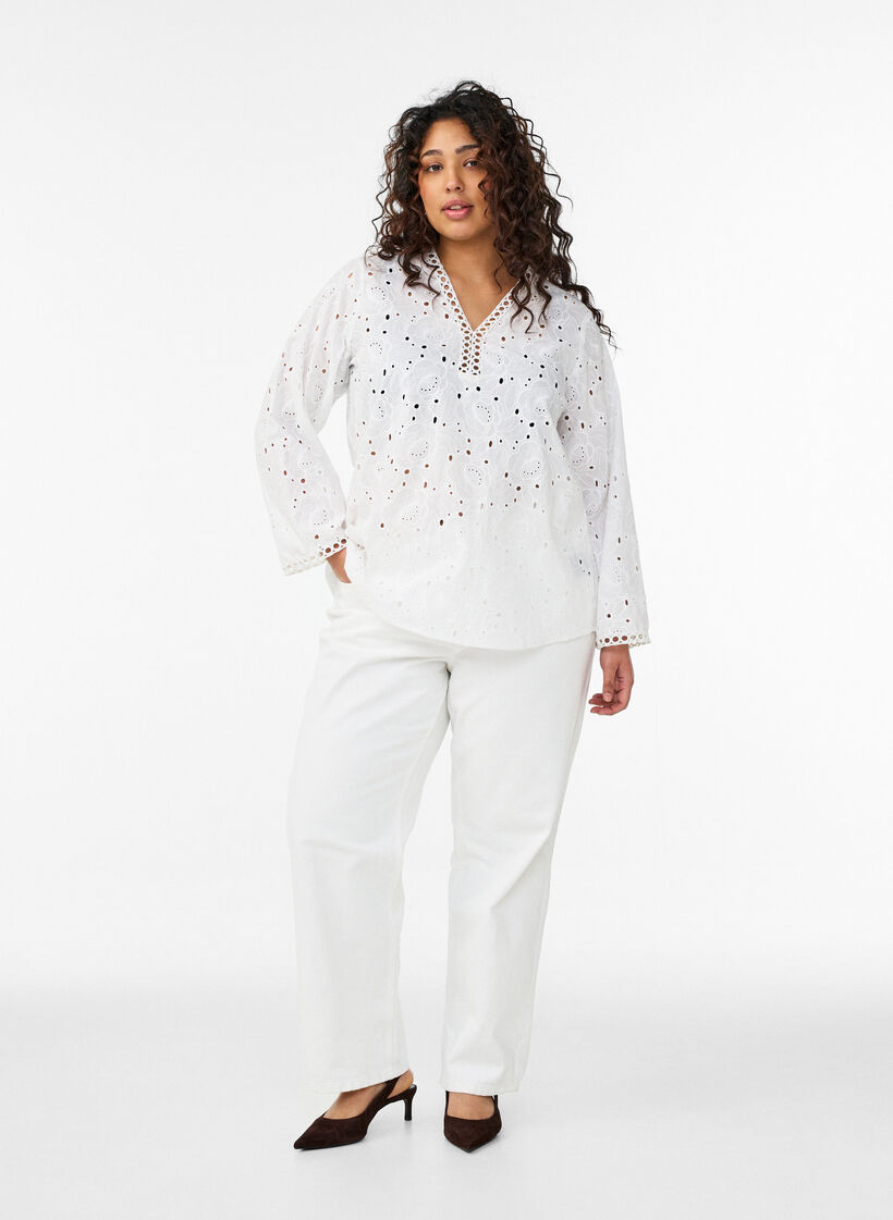 Long-sleeved cotton blouse with broderie anglaise, White, Model image number 1