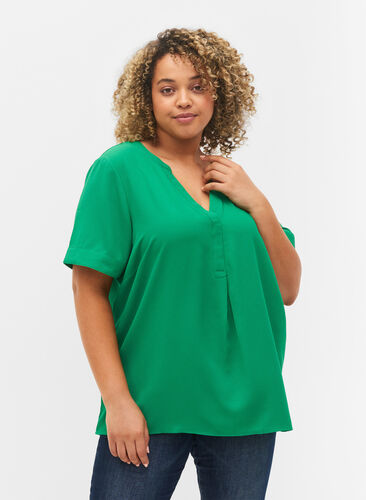 Short-sleeved v-neck blouse, Jolly Green, Model image number 0