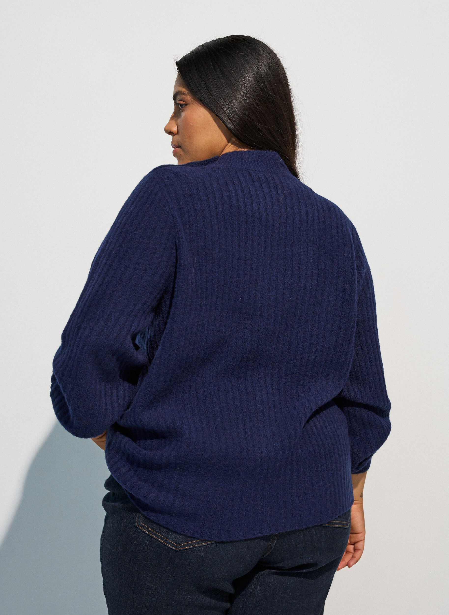 ZizzifashionRibbed jumper with puff sleeves and buttons, Blue, Model image number 2