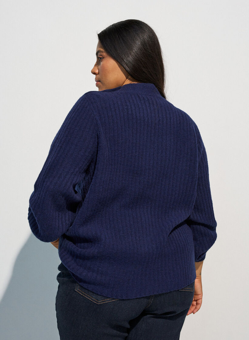 Ribbed jumper with puff sleeves and buttons, Blue, Model image number 2