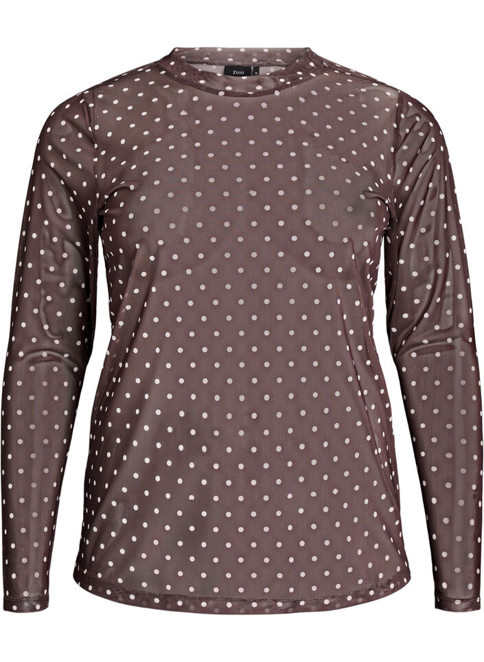 Mesh blouse with dots, Brown, Packshot image number 0