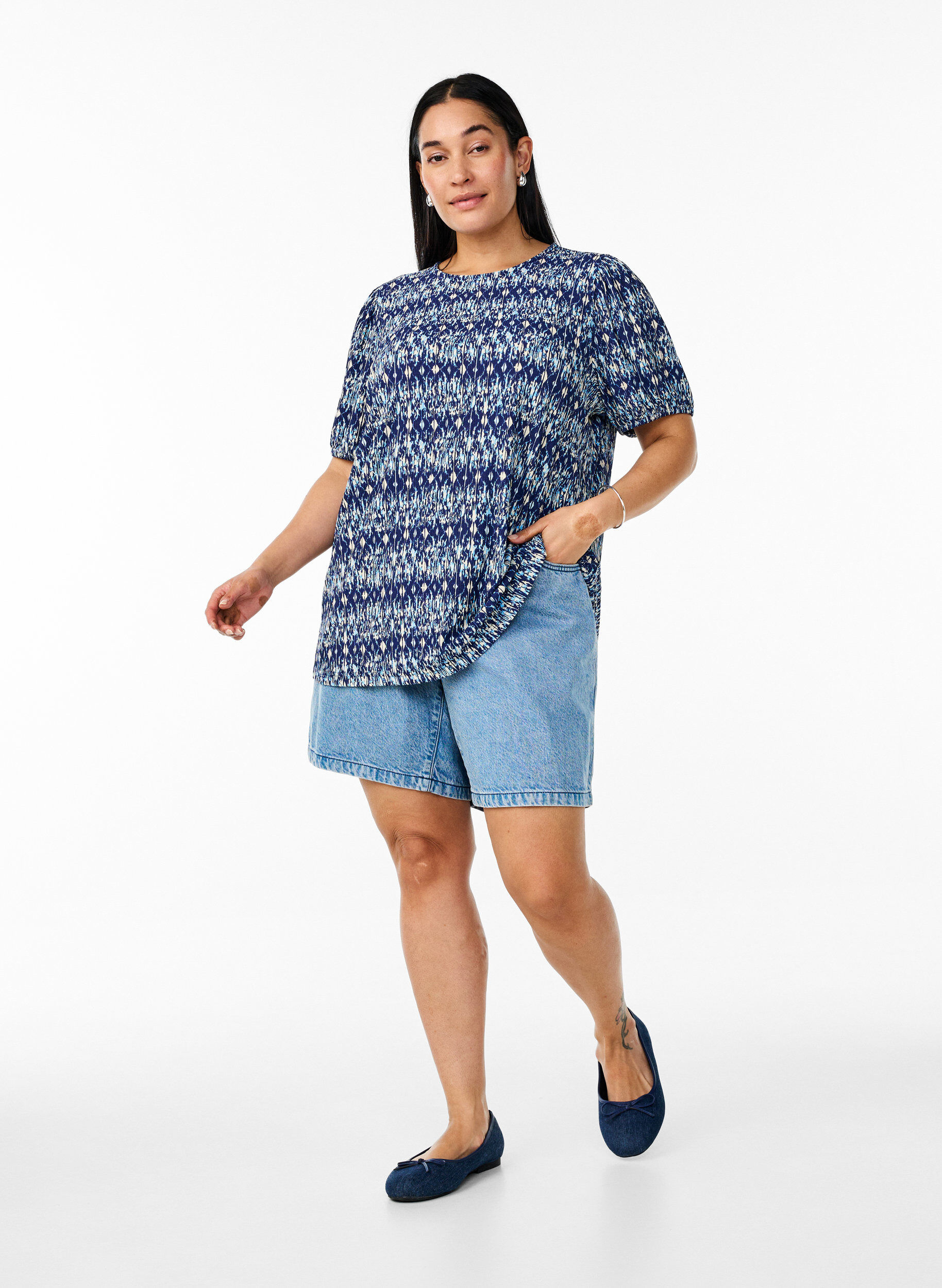 Zizzifashion Patterned blouse with short sleeves, Blue, Model image number 1