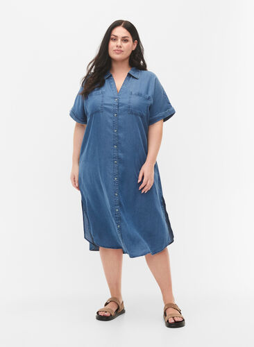 Short sleeve shirt dress in lyocell (TENCEL™), Medium Blue Denim, Model image number 0