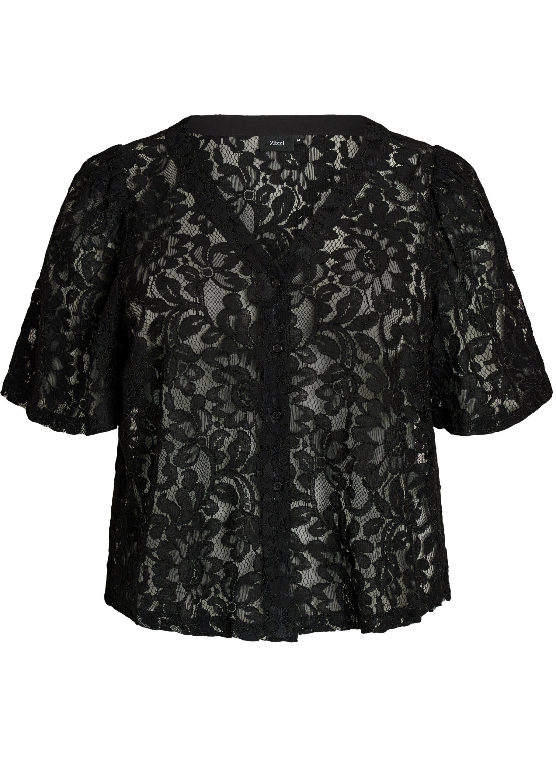 Zizzifashion Short-sleeved lace blouse with V-neck, Black, Packshot image number 0