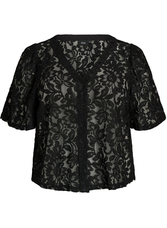 Short-sleeved lace blouse with V-neck, Black, Packshot image number 0