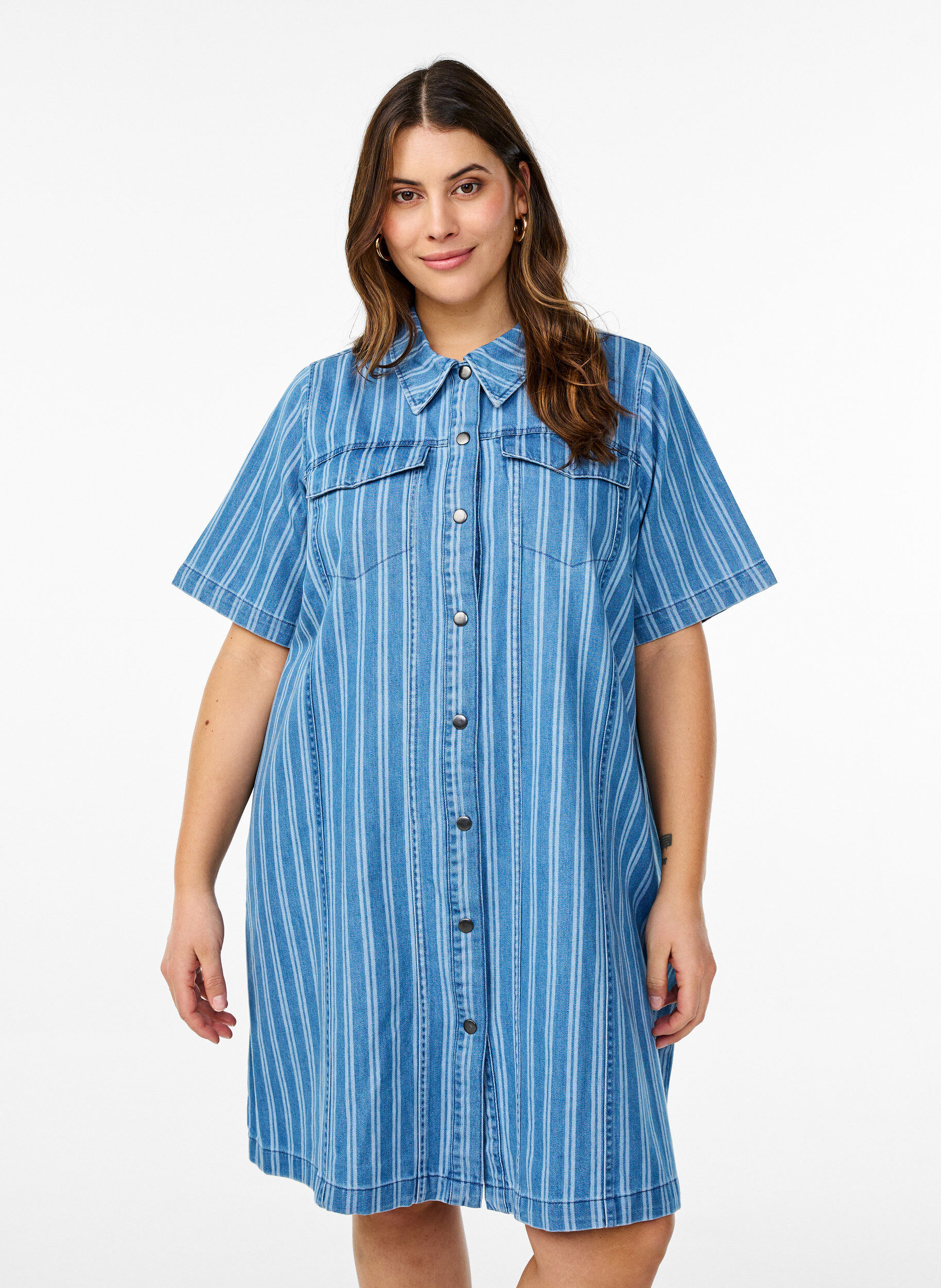 Zizzifashion Short denim shirt dress with a striped pattern, Blue, Model image number 0