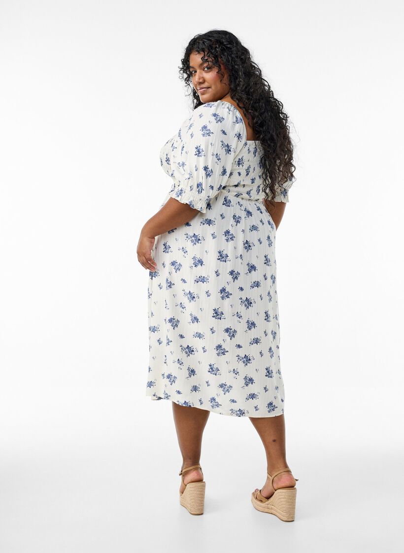 Floral viscose midi dress with smock, White, Model image number 1