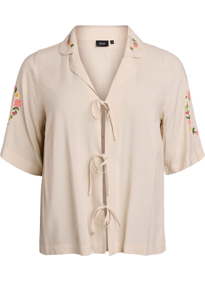 Viscose pyjama top with tie fastening and floral print, Beige, Packshot image number 0