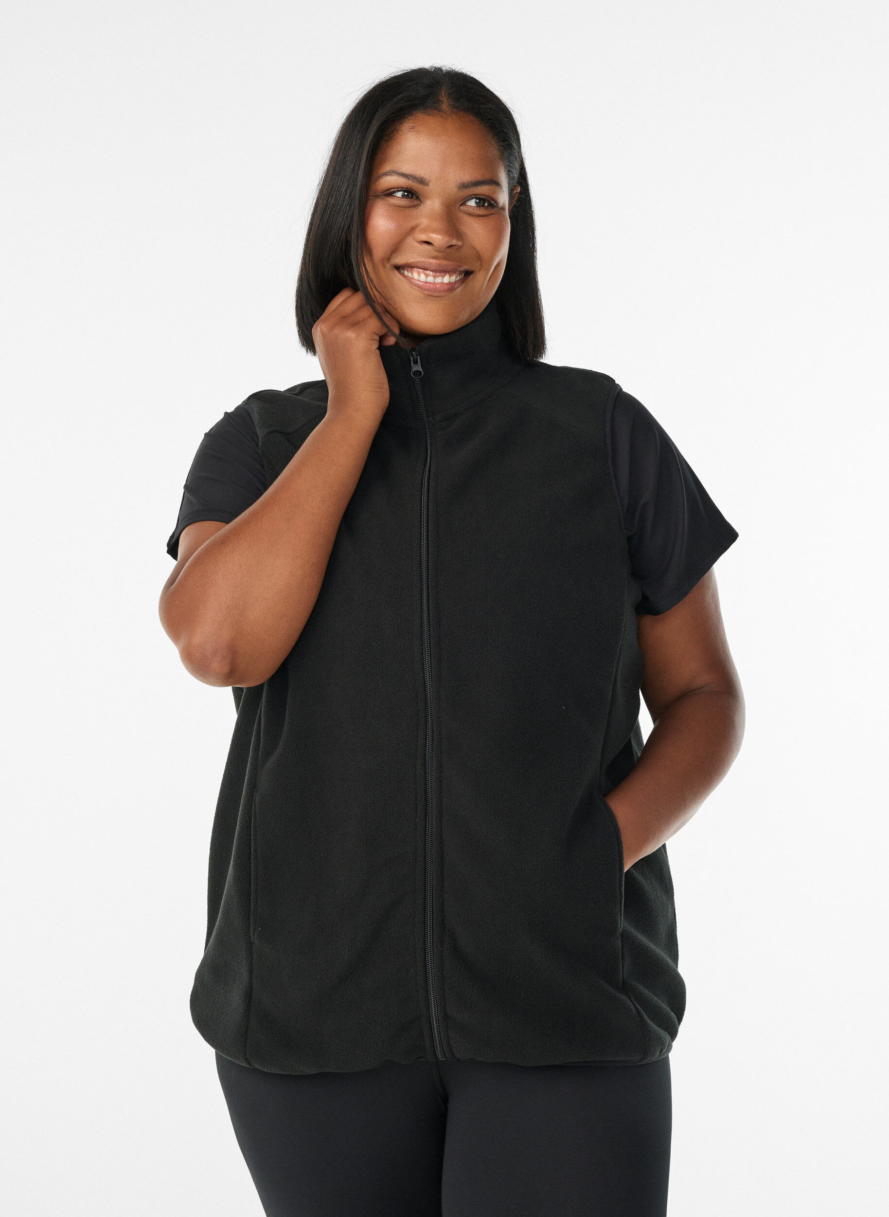 Fleece vest with pockets, Black, Model