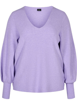 Knitted blouse with v-neck and puff sleeves, Purple Rose Mel, Packshot image number 0