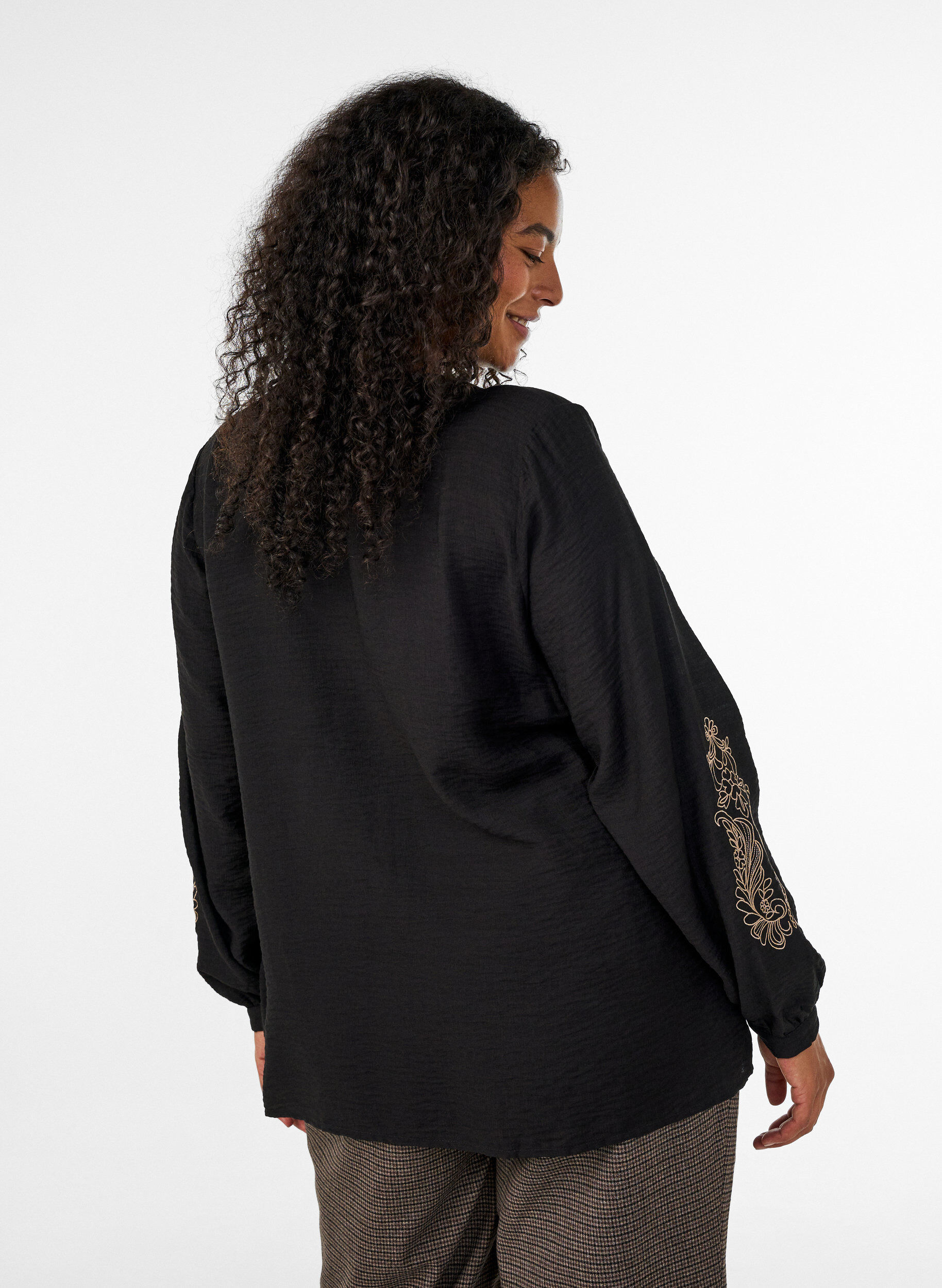 ZizzifashionViscose shirt with embroidered sleeves, Black, Model image number 2