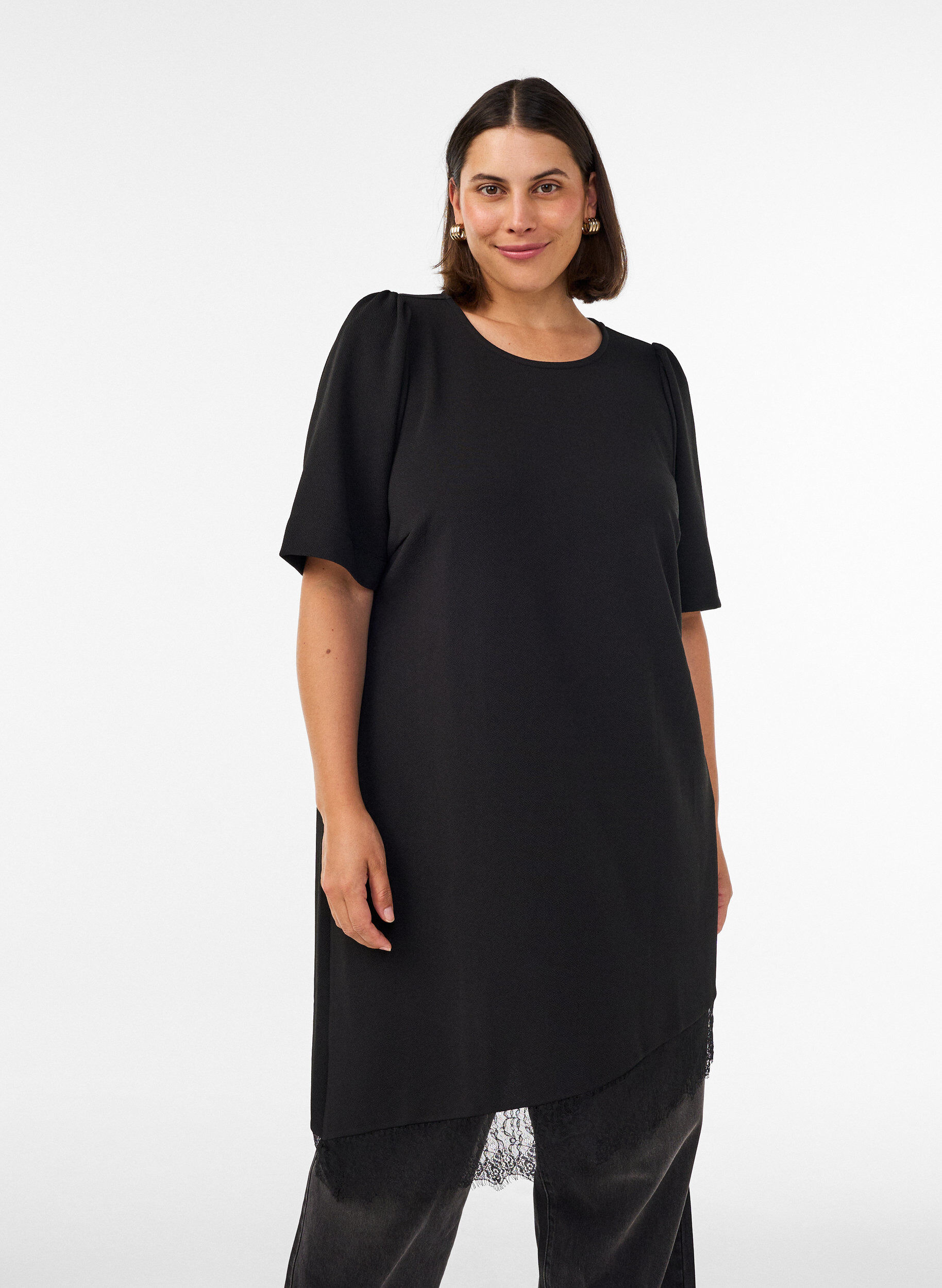 ZizzifashionTunic with asymmetric lace trim, Black, Model image number 0