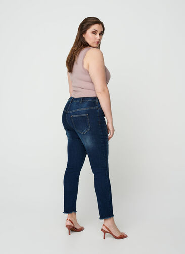 Cropped Nille jeans with frayed edges, Blue denim, Model image number 1