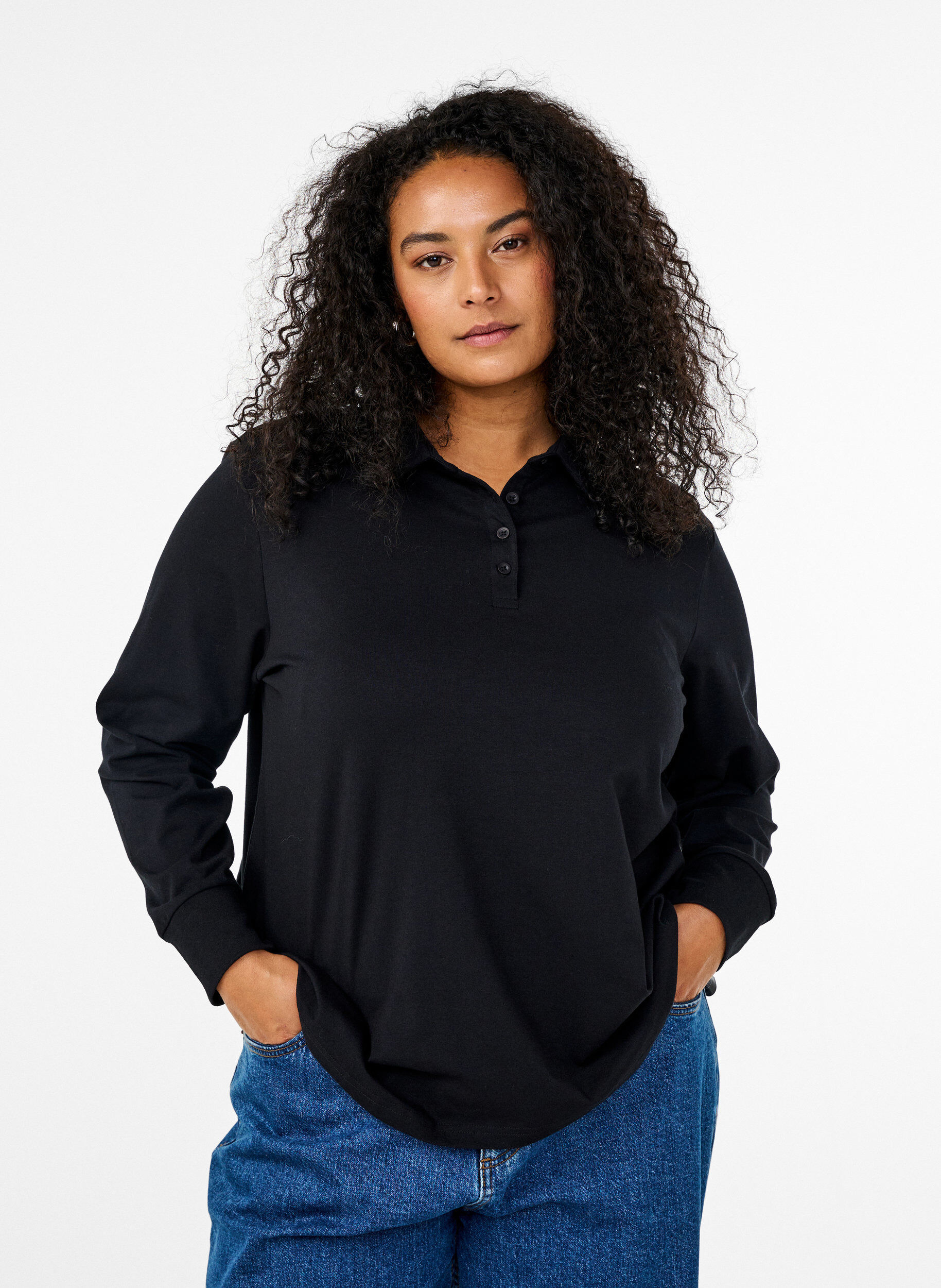 Zizzifashion Long-sleeved polo shirt, Black, Model image number 0