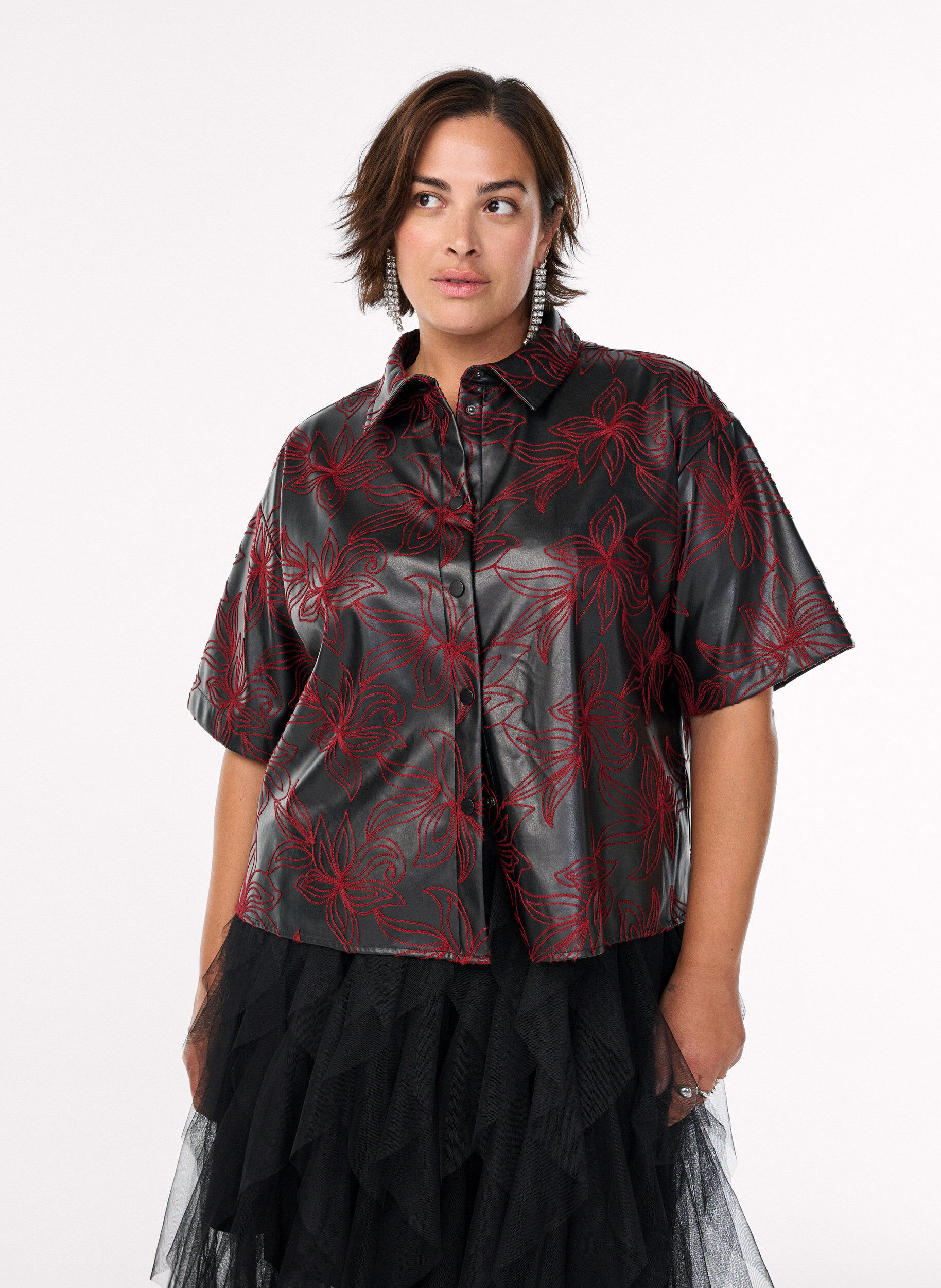 Short faux leather shirt with contrast embroidery, Black, Model