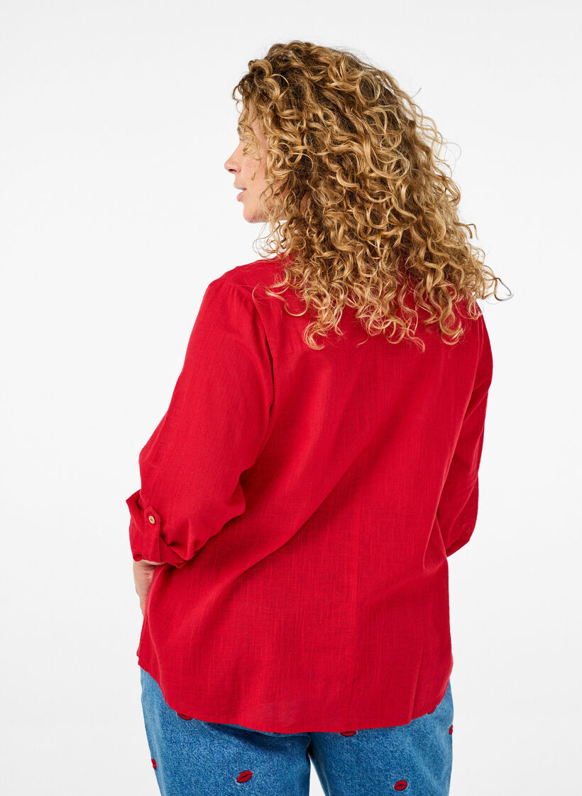 Cotton shirt blouse with a v-neck, Red, Model image number 2