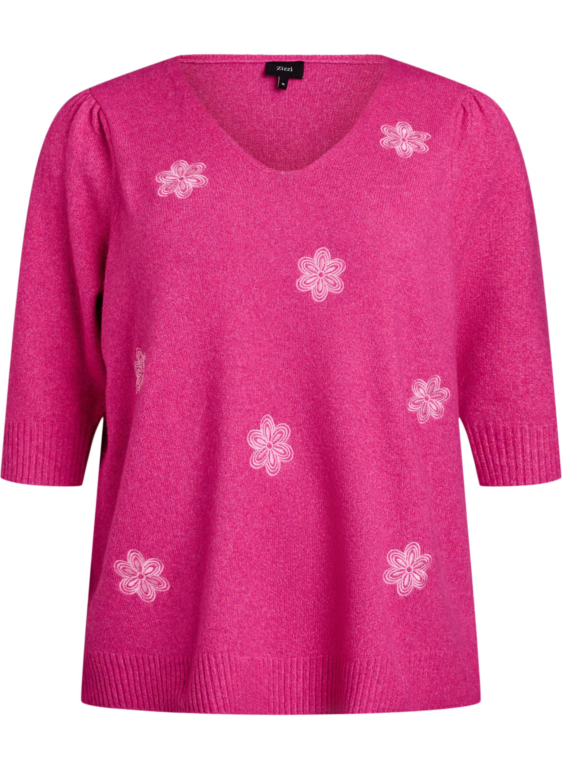 Zizzifashion Knitted blouse with embroidered flowers, R. Rose Mel. Comb, Packshot image number 0