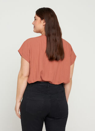 Short-sleeved viscose blouse with round neck, Copper Brown, Model image number 1