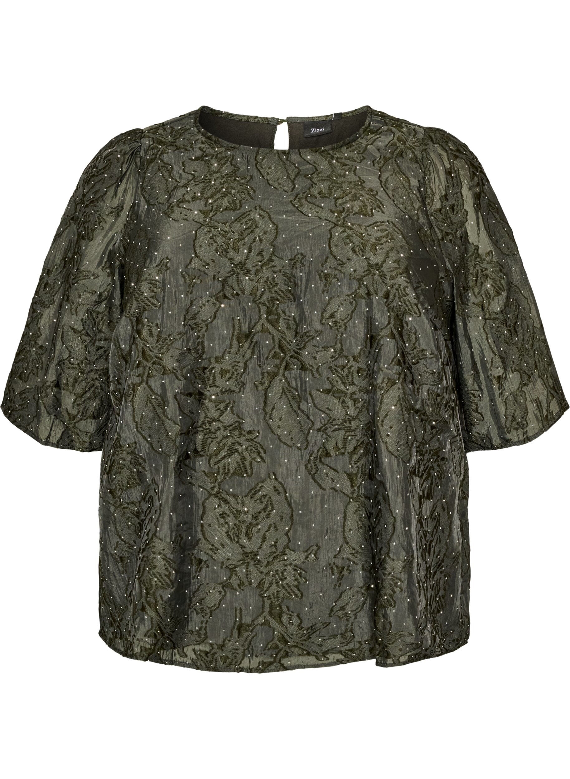 ZizzifashionJacquard blouse with sparkly details and puff sleeves, Green, Packshot image number 0