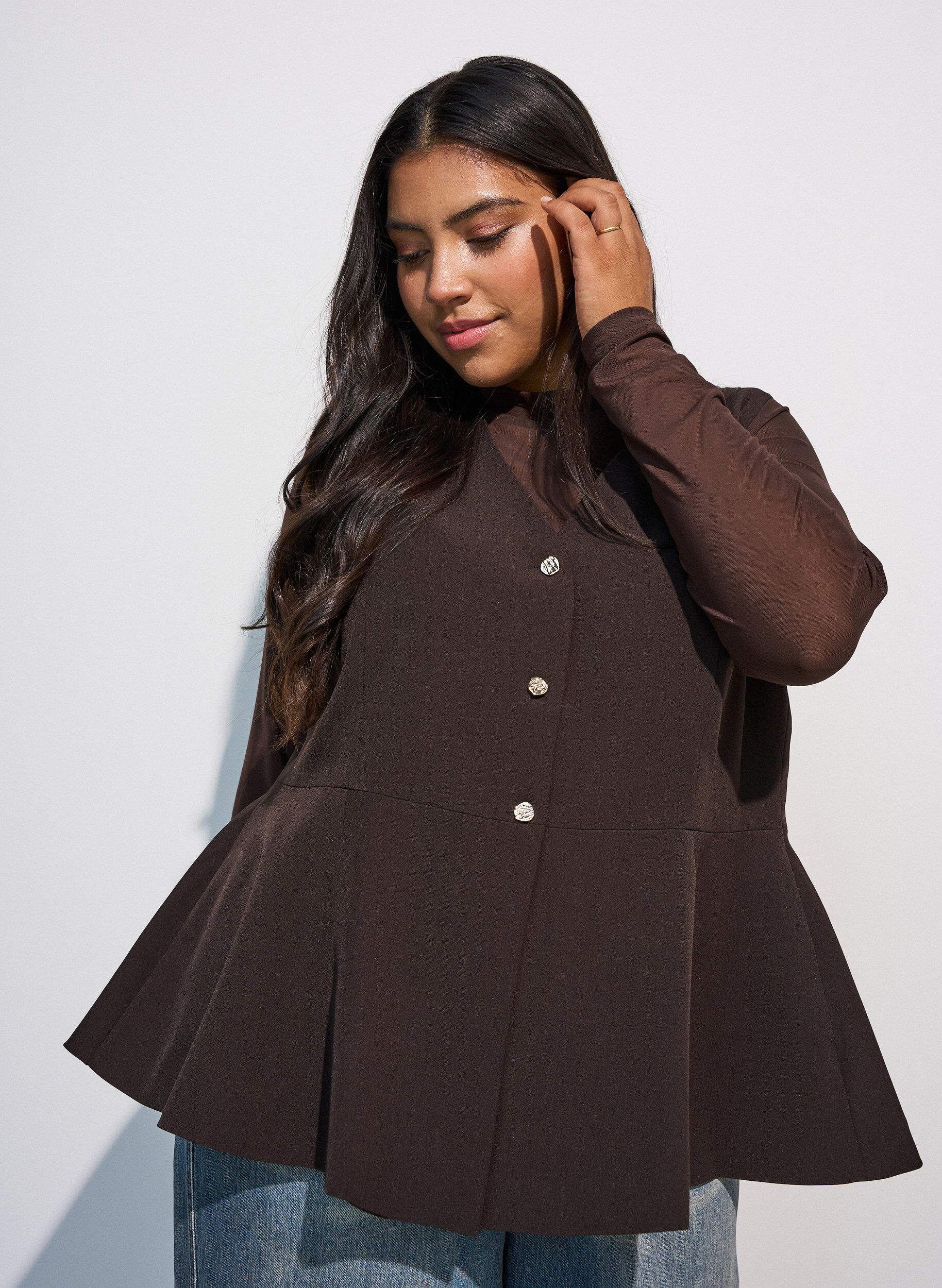 Pinstriped waistcoat with peplum, Brown, Model