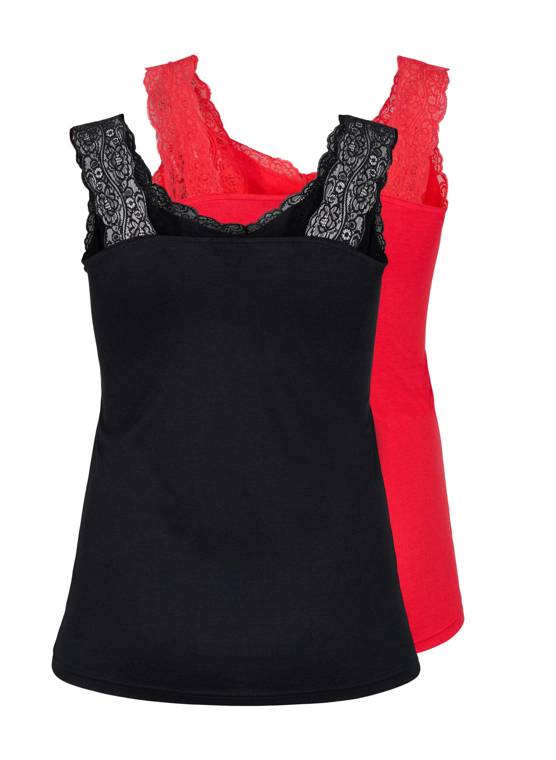 Zizzifashion 2-pack top with lace, Black/Chinese Red, Packshot image number 1