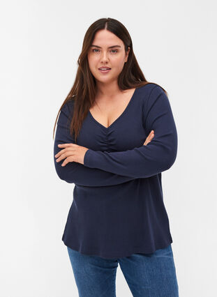 Ribbed cotton blouse with V-neck and ruching, Navy Blazer, Model image number 0
