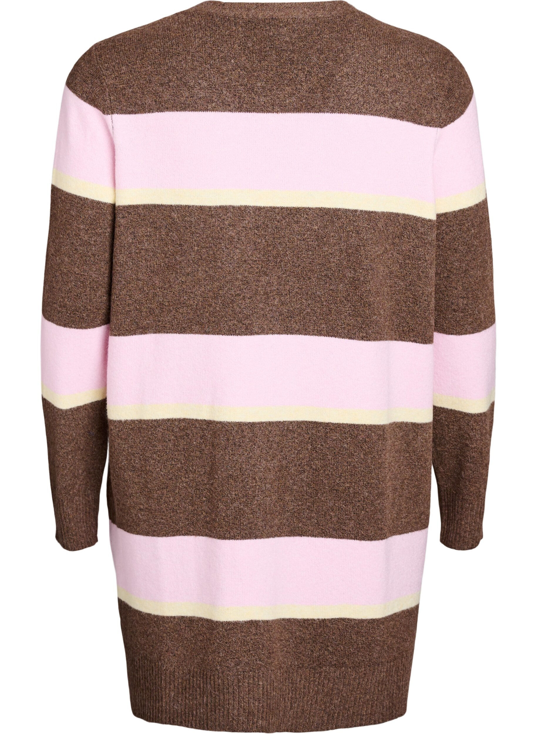 Zizzifashion Long knit cardigan with wide stripes, Brown, Packshot image number 1