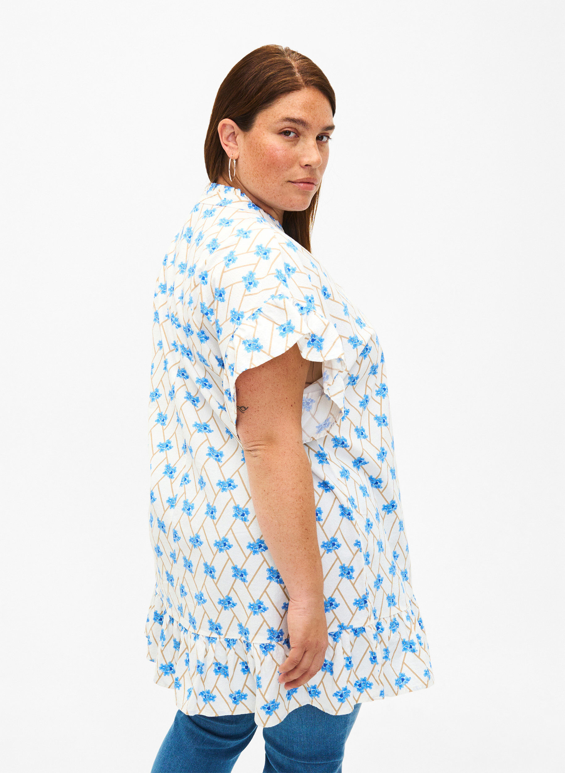 Zizzifashion Floral cotton tunic in cotton, Snow White Flower, Model image number 1