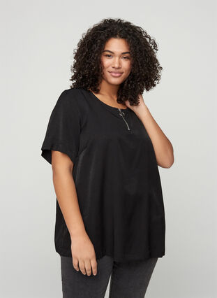 Short-sleeved blouse with a zip detail, Black, Model image number 0