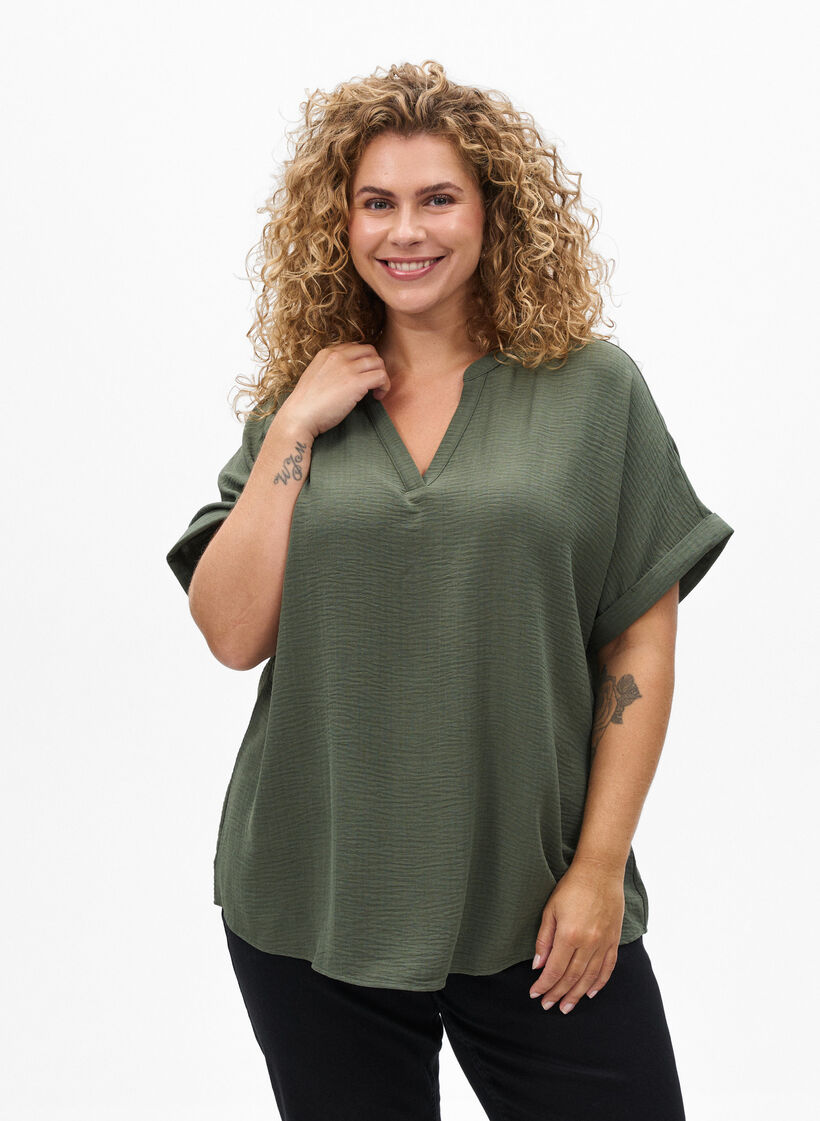 Loose blouse with short sleeves, Green, Model image number 0