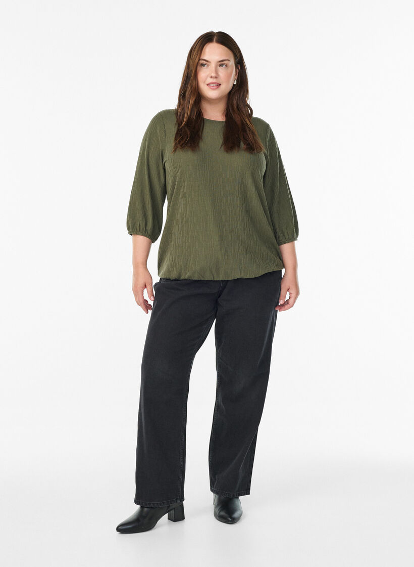 Blouse with texture and 3/4 sleeves, Green, Model image number 1