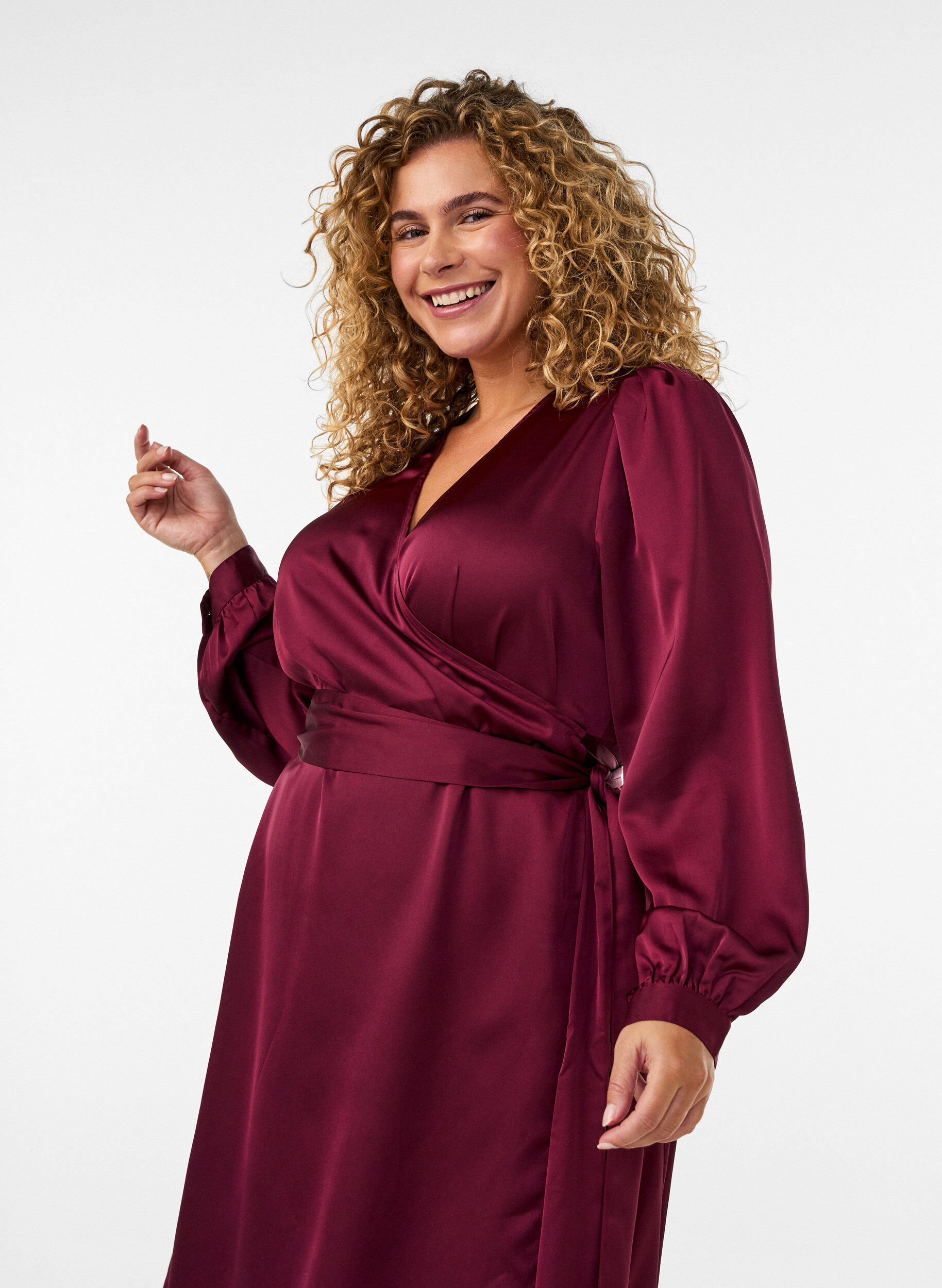 ZizzifashionShort satin dress with wrap design, Red, Model image number 2