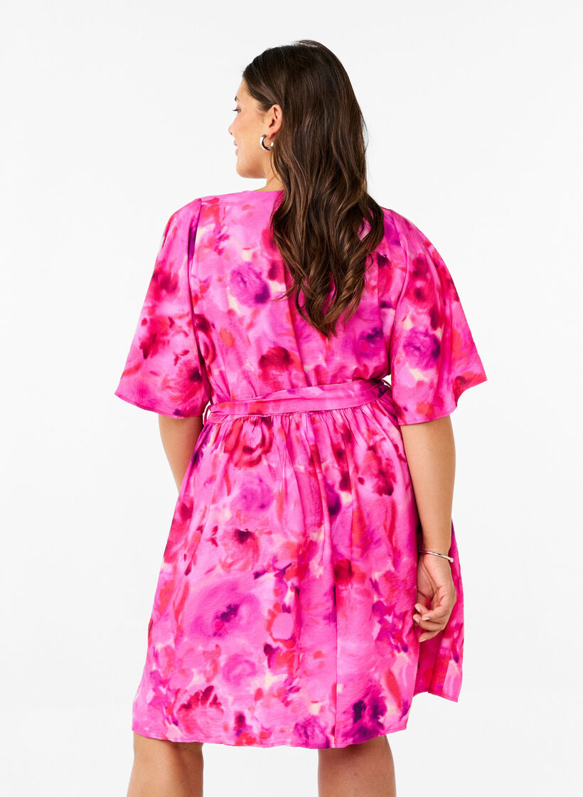 Knee-length dress with floral print and wrap look, Pink Rose AOP, Model image number 2