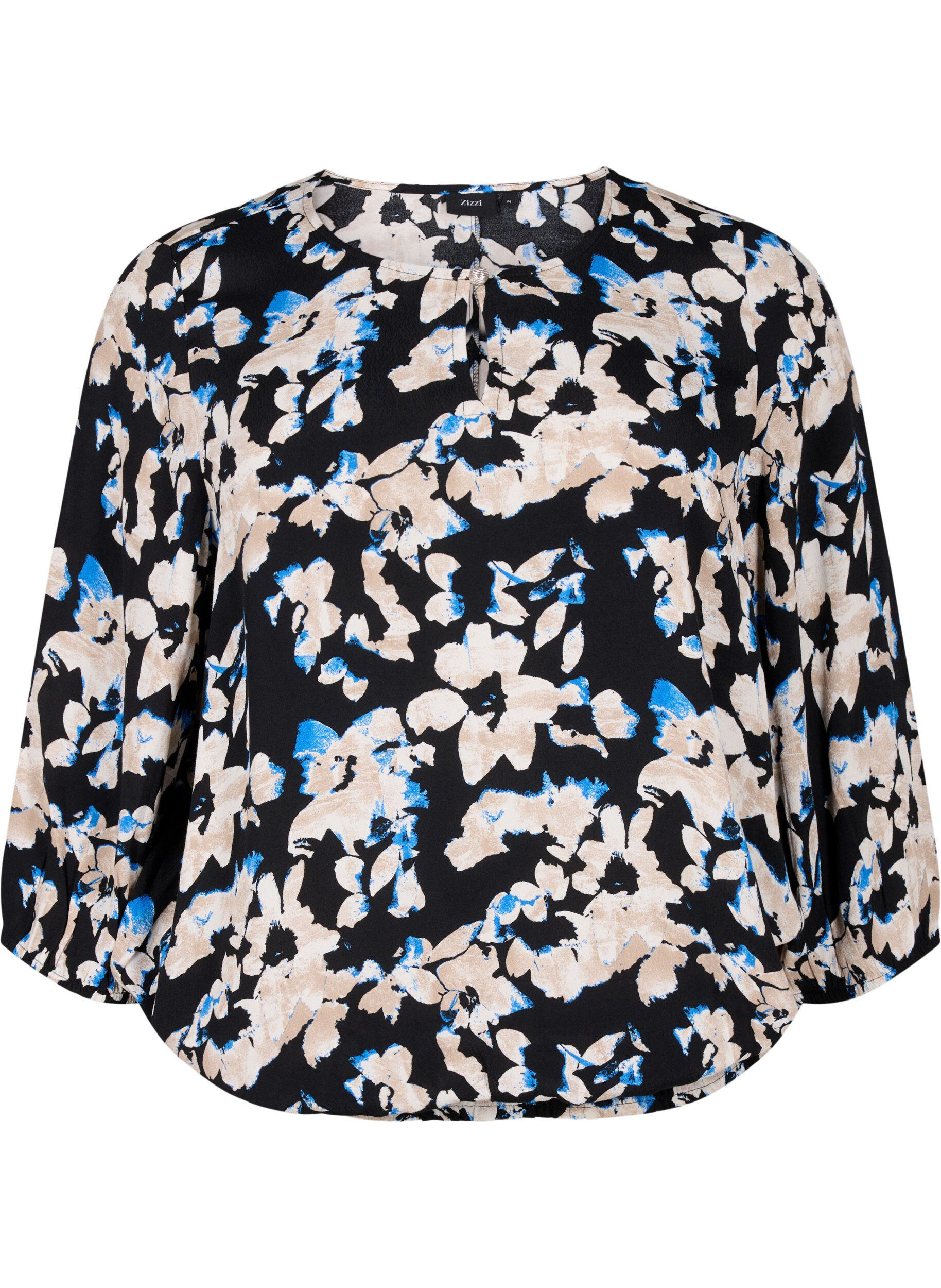 Zizzifashion Viscose blouse with flower print and smocking, Black, Packshot image number 0