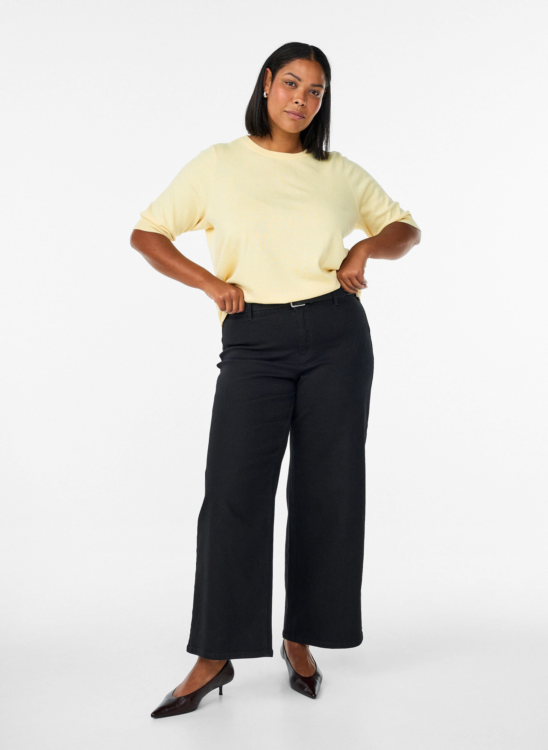 ZizzifashionFine-knit blouse with short sleeves, Yellow, Model image number 1