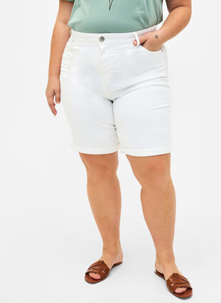 Tight fitting denim shorts with a high waist, Bright White, Model image number 2