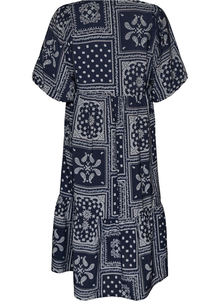 Ankle-length dress in viscose with paisley print and short sleeves, Blue, Packshot image number 1