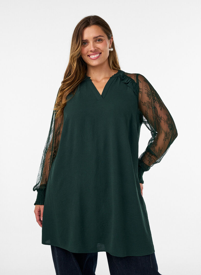Tunic with sheer lace sleeves, Green, Model image number 0