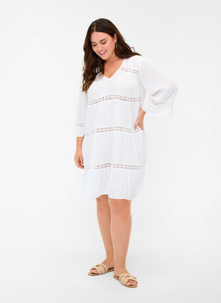 Viscose A-line dress with lace trim, White, Model image number 2