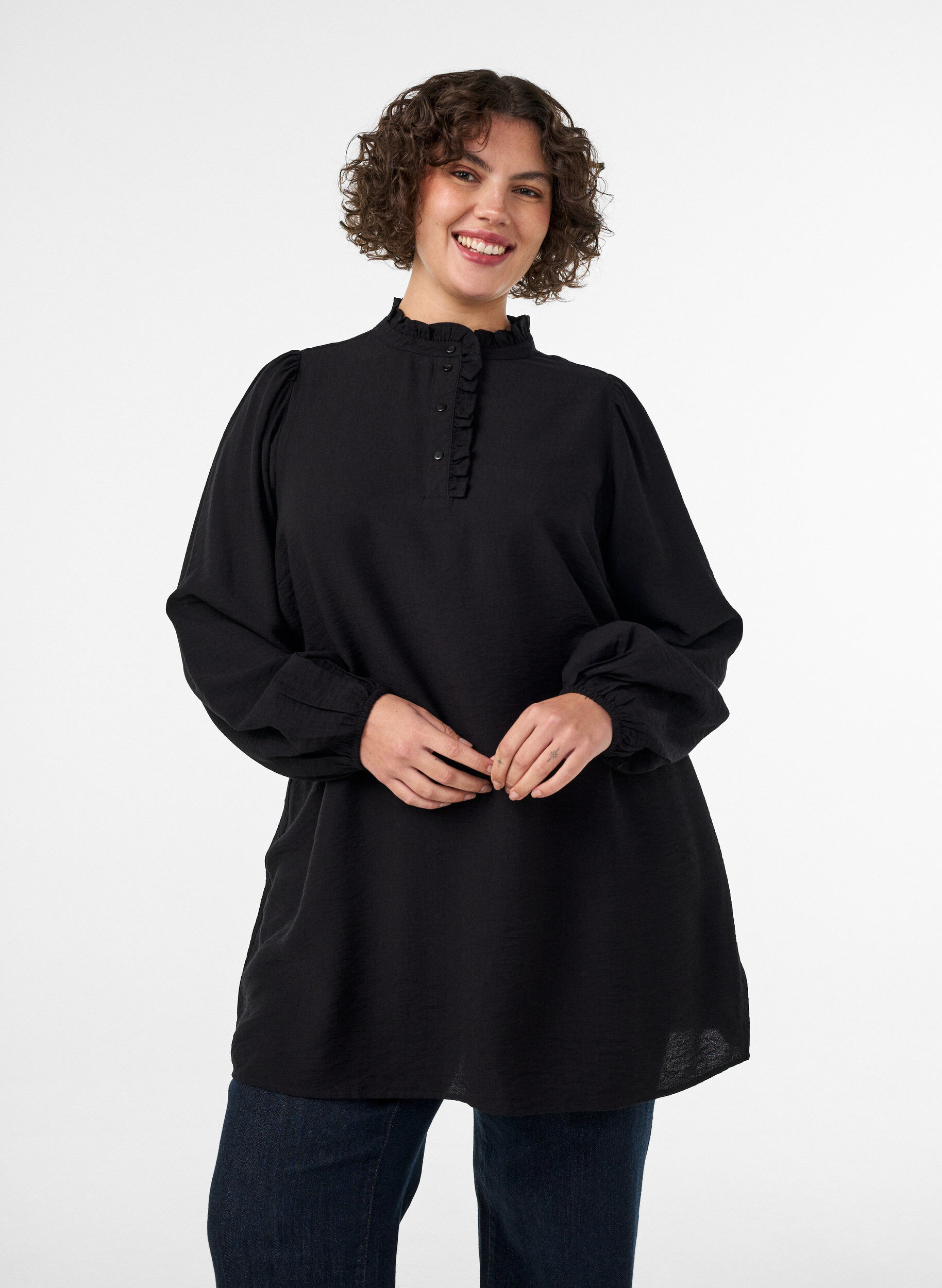 ZizzifashionViscose tunic with ruffles and buttons, Black, Model image number 0